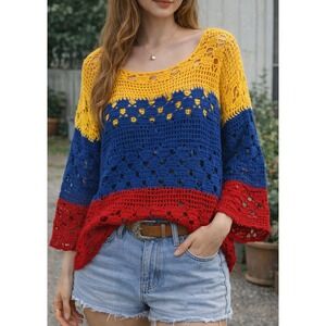 Handmade Crochet Granny Square Sweater Boho Colorblock Festival Hippie Knit